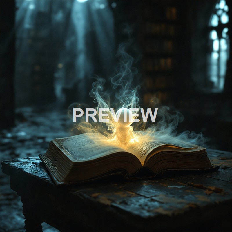 An open old book with a glowing, fairy-like figure with wings emerging from its pages, set in a dark, mysterious room with tall windows.